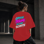Neon Vibe Damen Oversized T-Shirt – Große Träume kleine Schritte – DTF Backprint in Rot, Größe 5XL