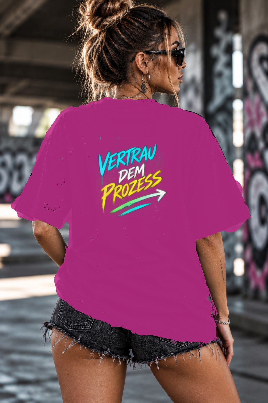 Neon Vibe Damen Oversized T-Shirt – Vertrau dem Prozess – DTF Backprint in Pink, Größe 5XL