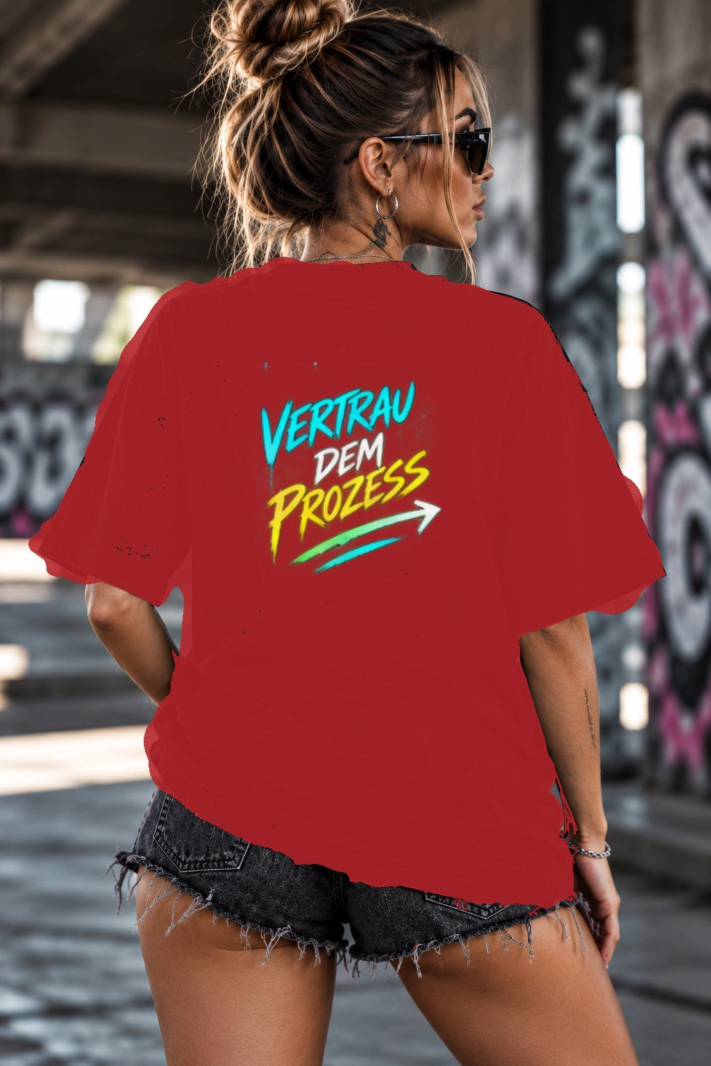 Neon Vibe Damen Oversized T-Shirt – Vertrau dem Prozess – DTF Backprint in Rot, Größe 5XL