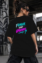 Neon Vibe Damen Oversized T-Shirt – Fehler sind Upgrades – DTF Backprint in Schwarz, Größe 5XL