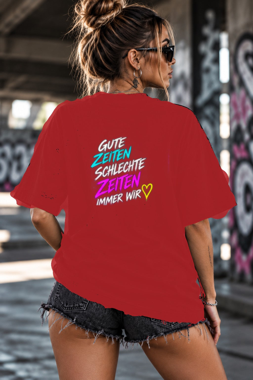 Neon Vibe Damen Oversized T-Shirt – Gute Zeiten schlechte Zeiten immer wir – DTF Backprint in Rot, Größe 5XL