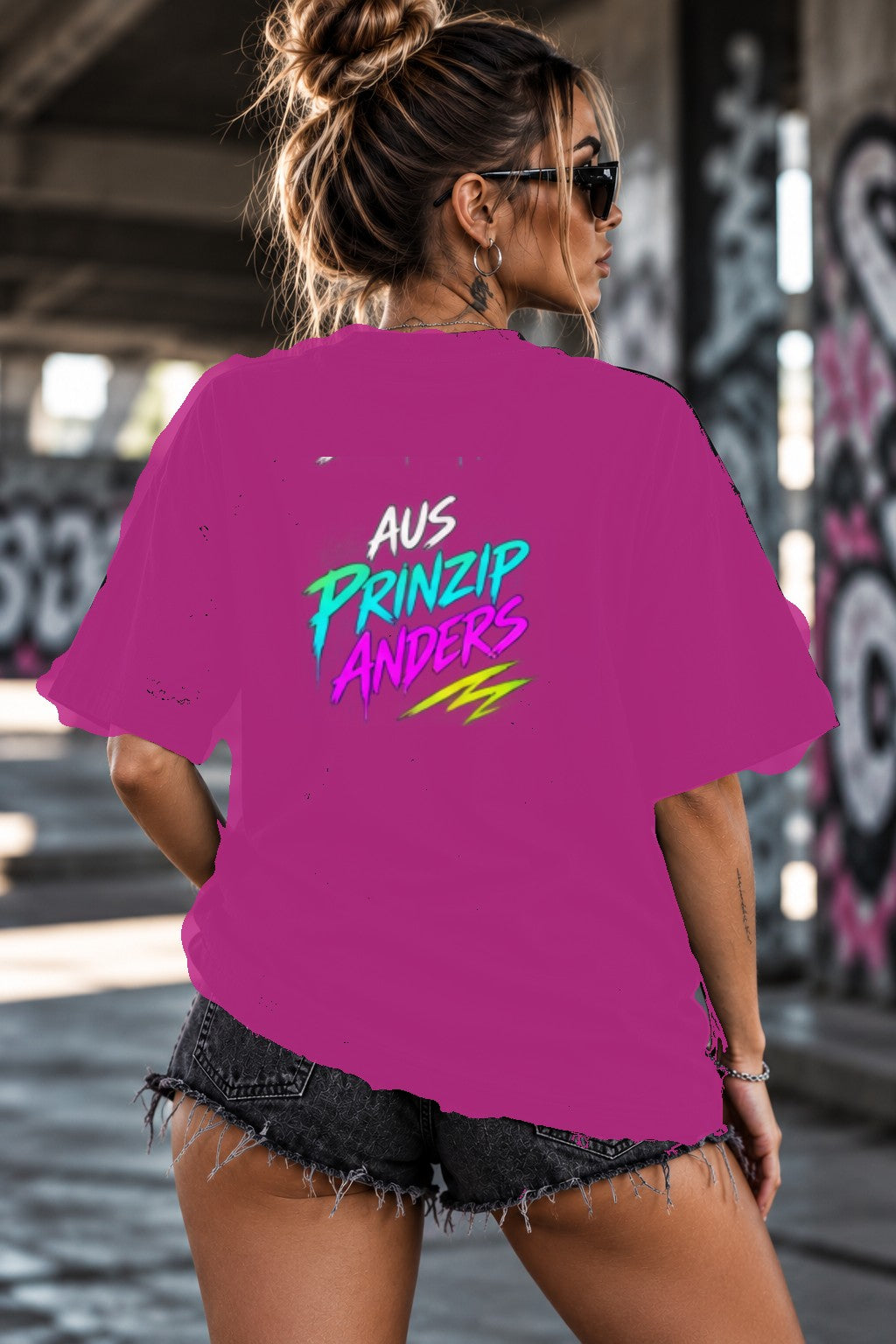 Neon Vibe Damen Oversized T-Shirt – Aus Prinzip anders – DTF Backprint in Pink, Größe 5XL