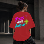 Neon Vibe Damen Oversized T-Shirt – Fokus statt Ausreden – DTF Backprint in Rot, Größe 5XL