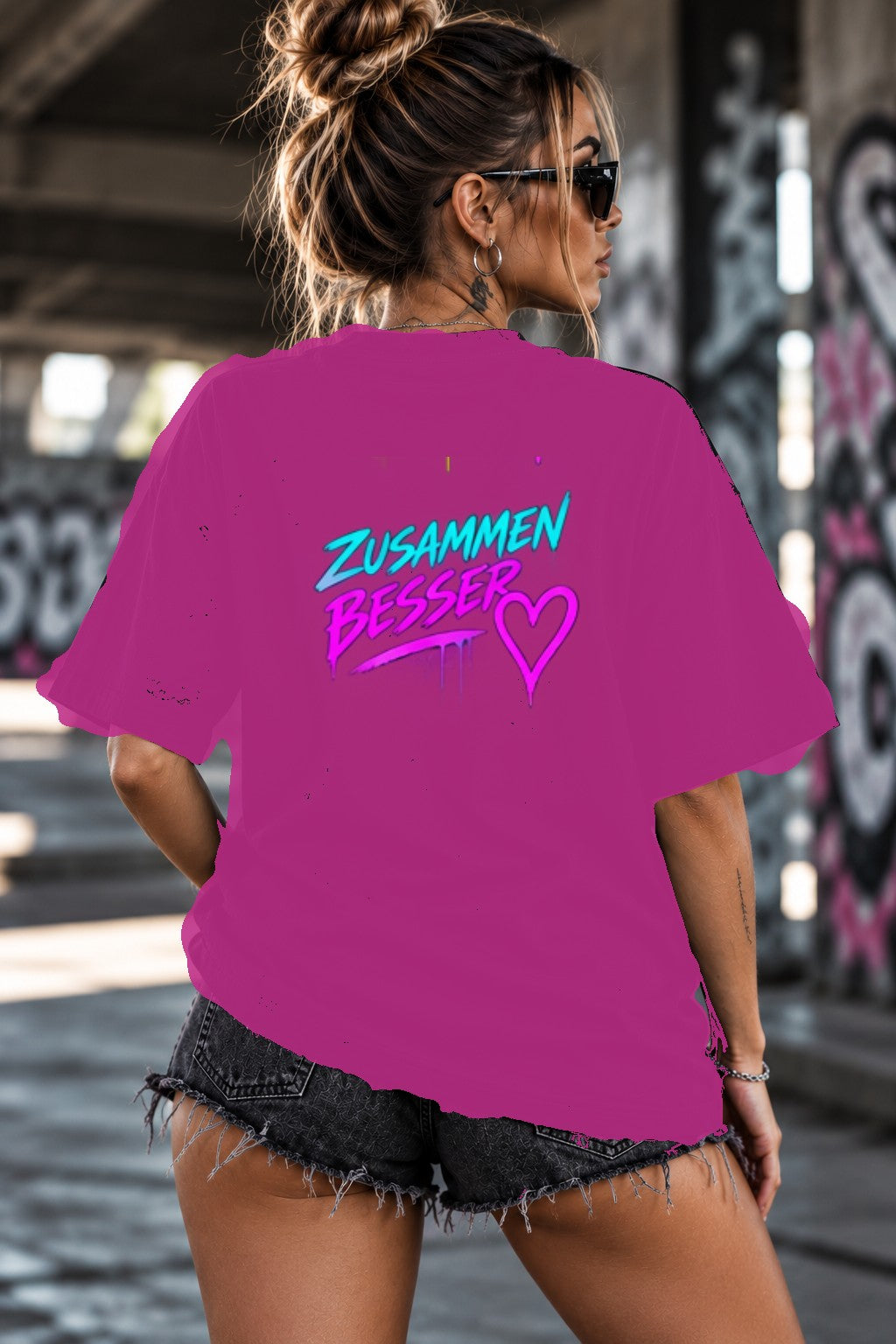 Neon Vibe Damen Oversized T-Shirt – Zusammen besser – DTF Backprint in Pink, Größe 5XL