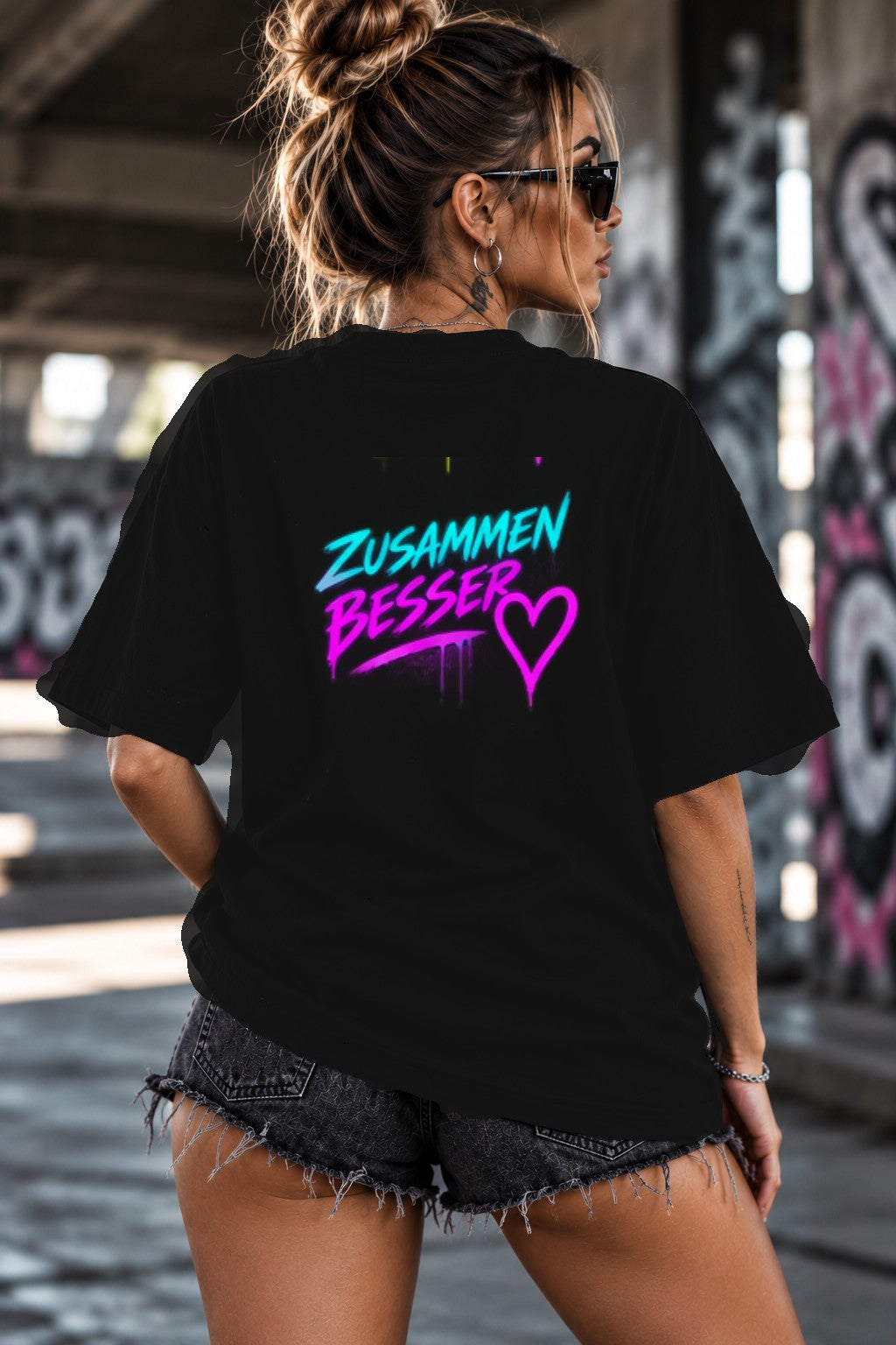 Neon Vibe Damen Oversized T-Shirt – Zusammen besser – DTF Backprint in Schwarz, Größe 5XL