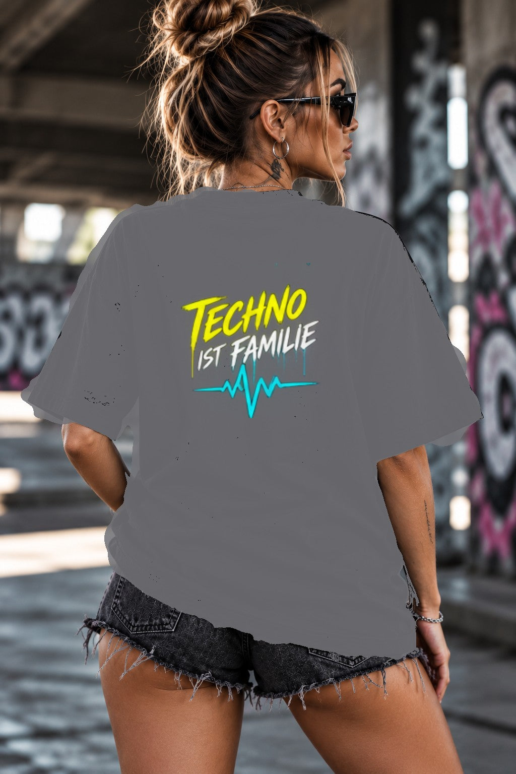 Neon Vibe Damen Oversized T-Shirt – Techno ist Familie – DTF Backprint in Grau, Größe 5XL