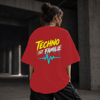 Neon Vibe Damen Oversized T-Shirt – Techno ist Familie – DTF Backprint in Rot, Größe 5XL