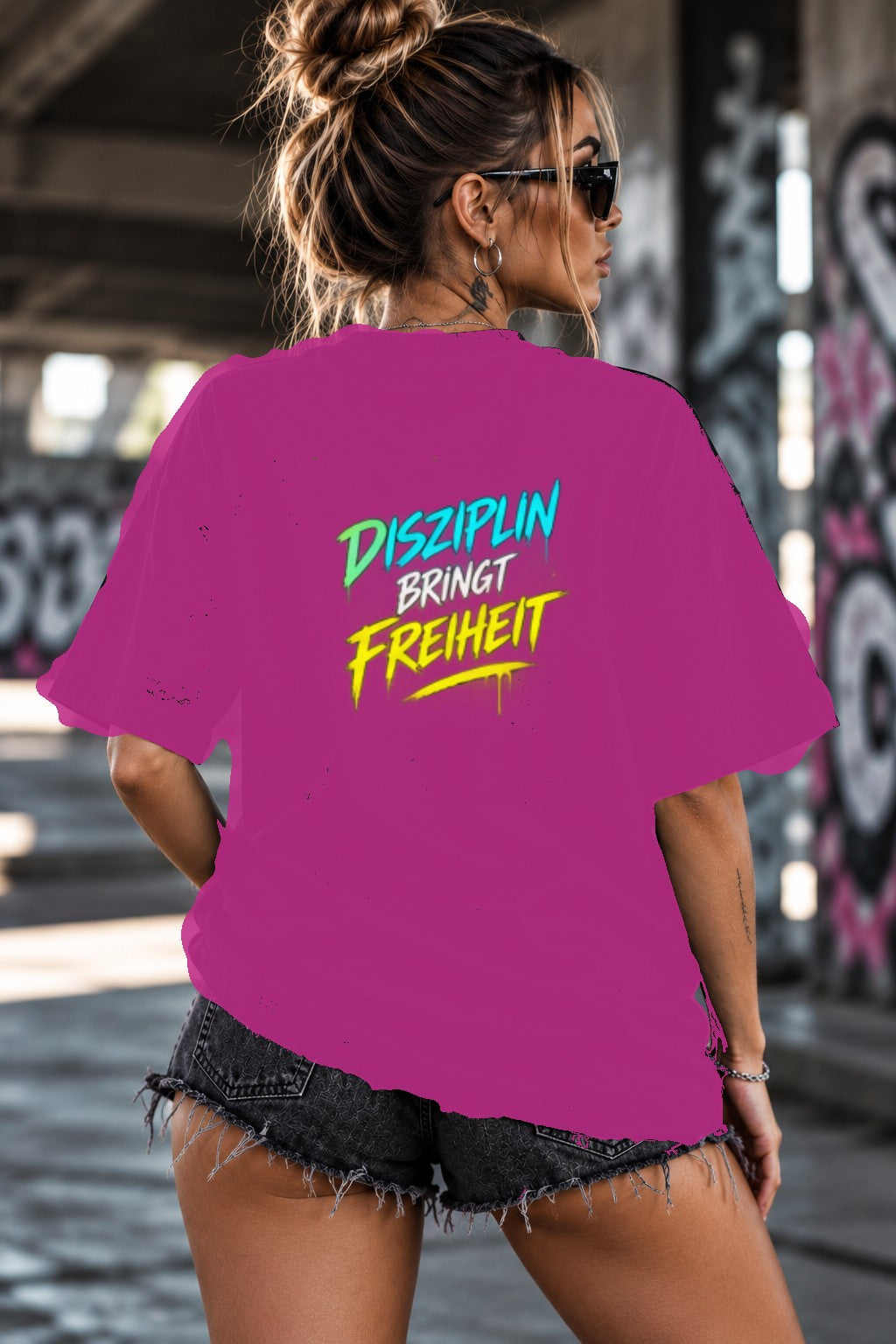 Neon Vibe Damen Oversized T-Shirt – Disziplin bringt Freiheit – DTF Backprint in Pink, Größe 5XL