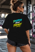 Neon Vibe Damen Oversized T-Shirt – Disziplin bringt Freiheit – DTF Backprint in Schwarz, Größe 5XL