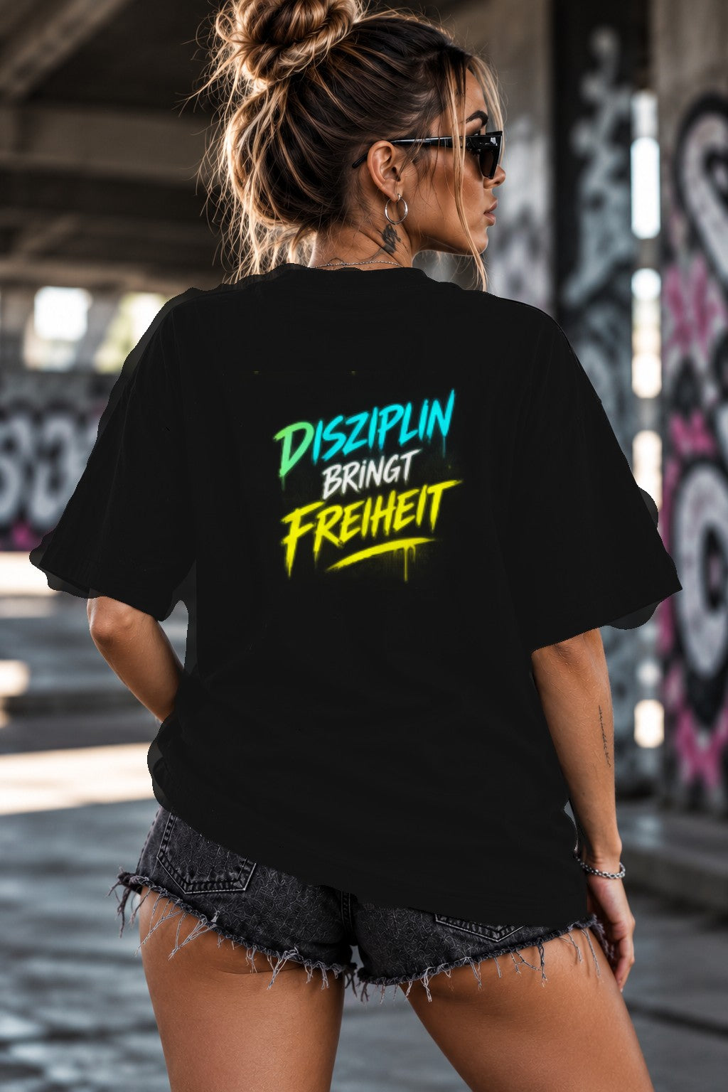 Neon Vibe Damen Oversized T-Shirt – Disziplin bringt Freiheit – DTF Backprint in Schwarz, Größe 5XL