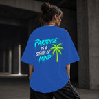 Neon Vibe Damen Oversized T-Shirt – Paradise Is A State Of Mind – DTF Backprint in Blau, Größe 5XL