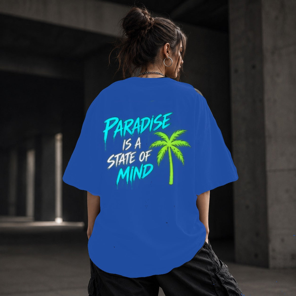 Neon Vibe Damen Oversized T-Shirt – Paradise Is A State Of Mind – DTF Backprint in Blau, Größe 5XL
