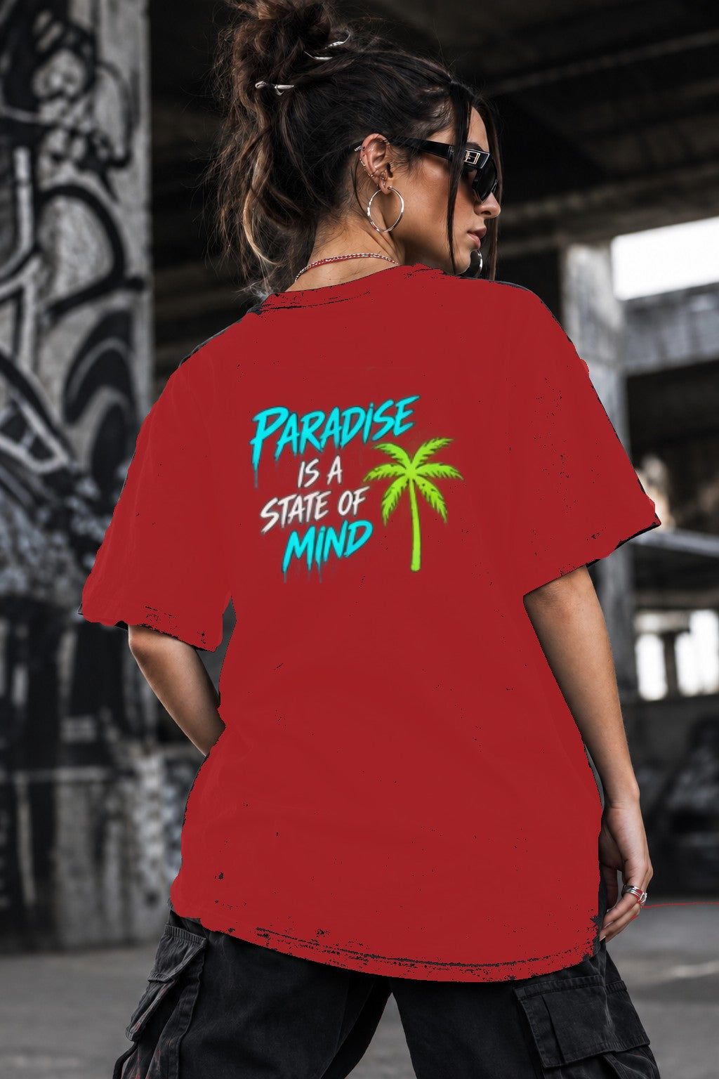Neon Vibe Damen Oversized T-Shirt – Paradise Is A State Of Mind – DTF Backprint in Rot, Größe 5XL