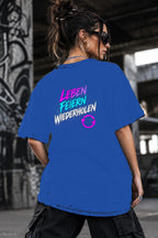 Neon Vibe Damen Oversized T-Shirt – Leben feiern wiederholen – DTF Backprint in Blau, Größe 5XL