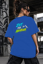 Neon Vibe Damen Oversized T-Shirt – Zeit für Abenteuer – DTF Backprint in Blau, Größe 5XL