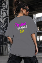 Neon Vibe Damen Oversized T-Shirt – Freunde für immer – DTF Backprint in Grau, Größe 5XL