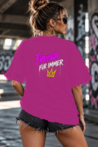 Neon Vibe Damen Oversized T-Shirt – Freunde für immer – DTF Backprint in Pink, Größe 5XL