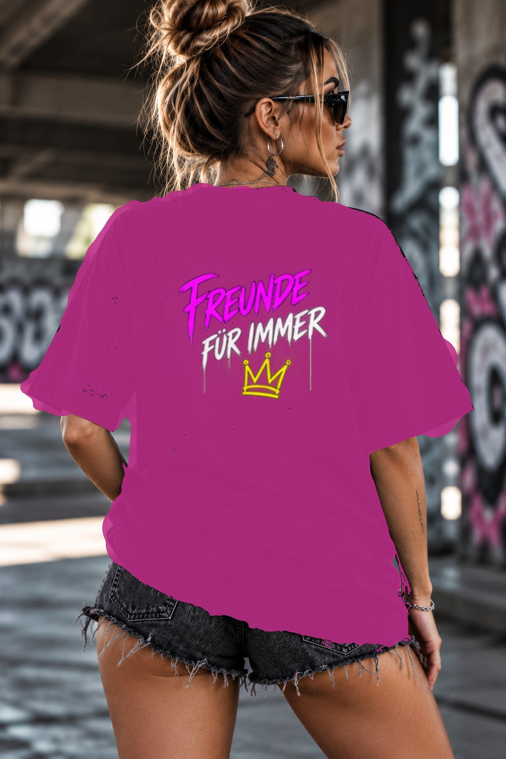 Neon Vibe Damen Oversized T-Shirt – Freunde für immer – DTF Backprint in Pink, Größe 5XL