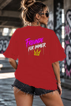Neon Vibe Damen Oversized T-Shirt – Freunde für immer – DTF Backprint in Rot, Größe 5XL