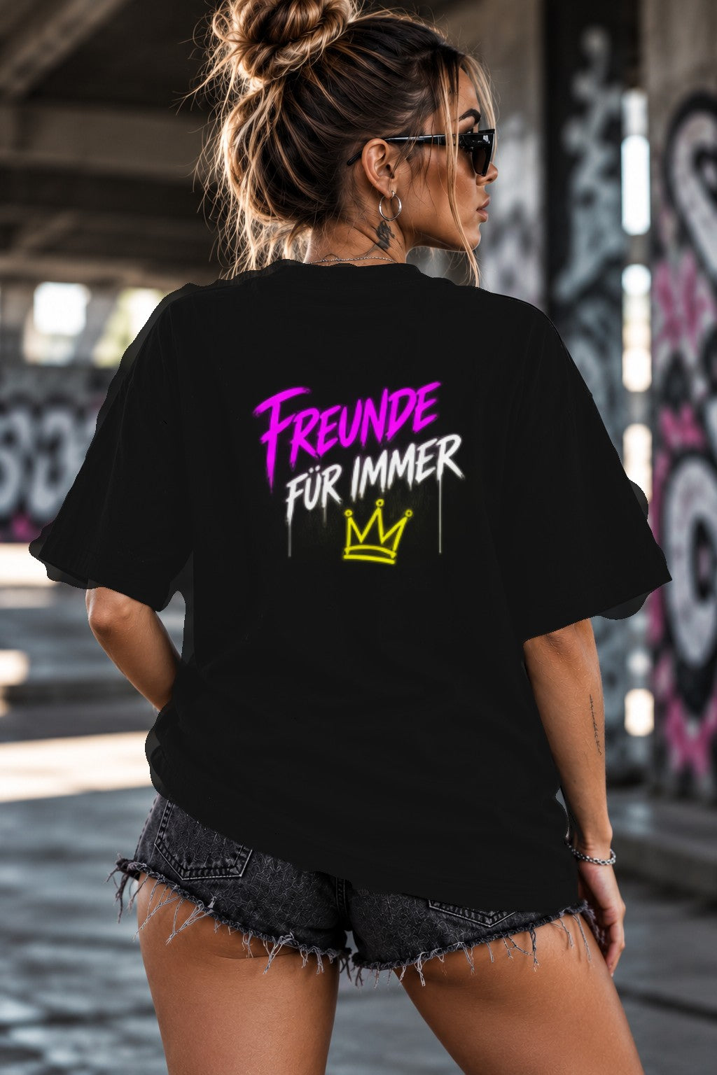 Neon Vibe Damen Oversized T-Shirt – Freunde für immer – DTF Backprint in Schwarz, Größe 5XL